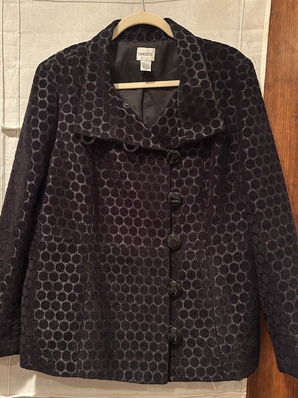 Chico's Black Coat With Dot Pattern Double Breasted Size 1